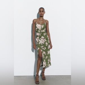 Zara Linen Blend Printed Midi Dress